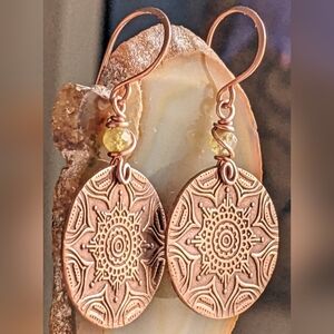 Copper Mandala Earrings Artisan Crafted With Green Garnet Gems